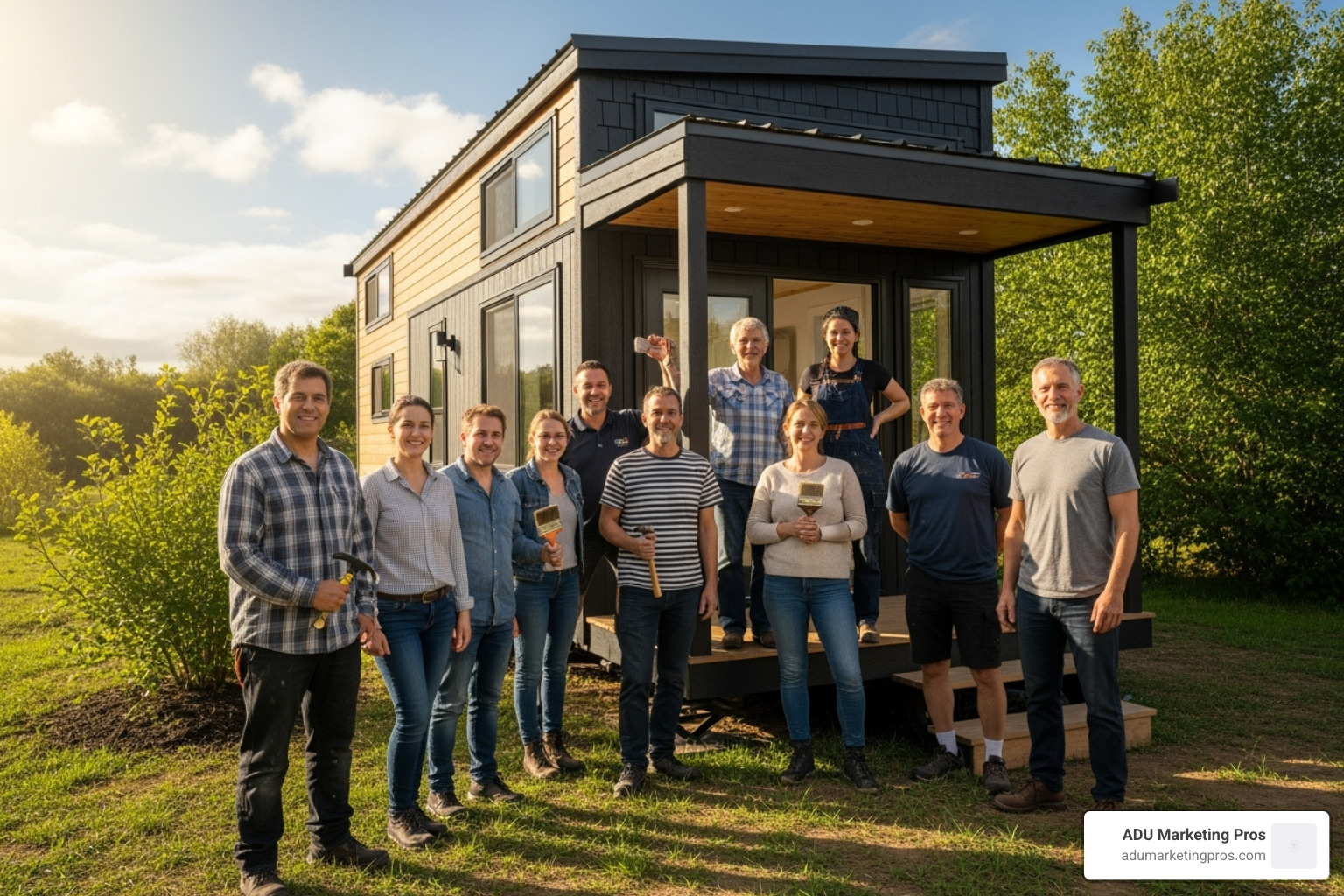 Diverse group of people standing in front of a newly completed tiny home, smiling - architects in southern california who design tiny houses