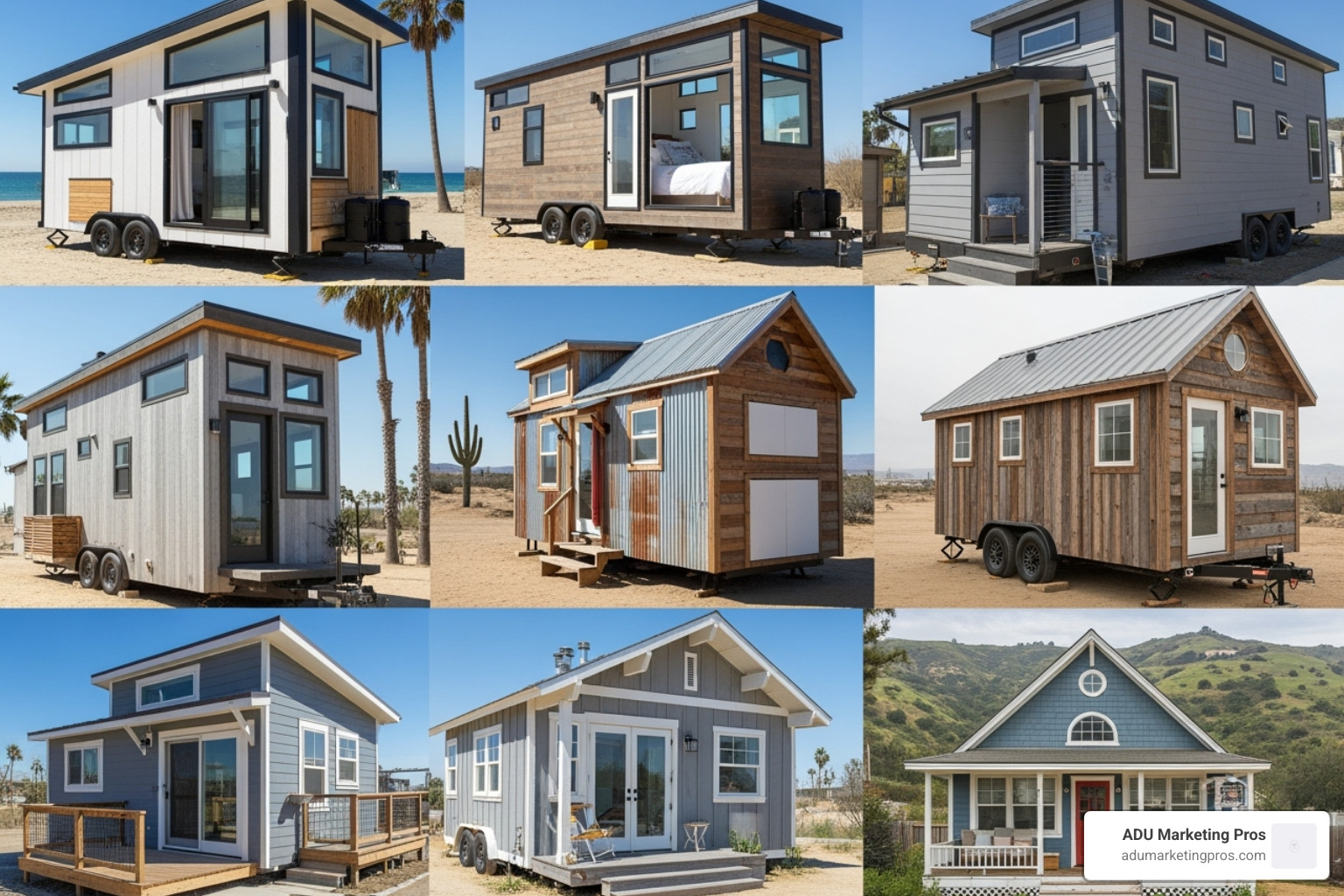Collage of diverse tiny house designs from Southern California architects - architects in southern california who design tiny houses
