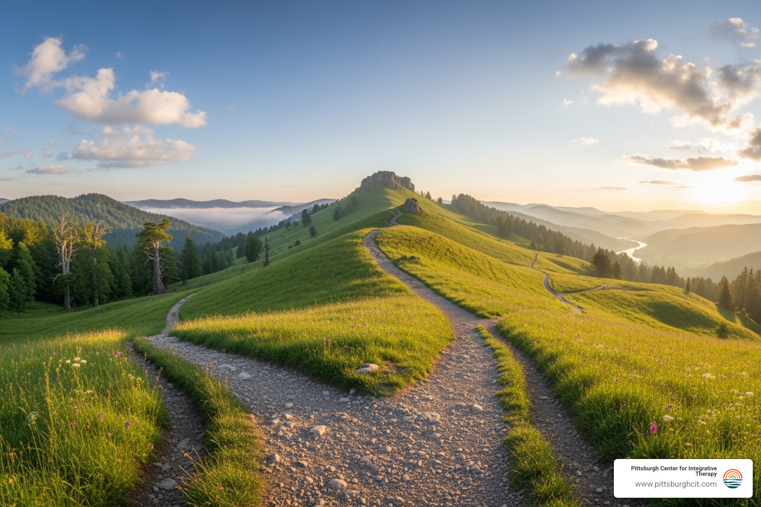 A path splitting into multiple directions, symbolizing different therapy modalities - individual psychotherapy