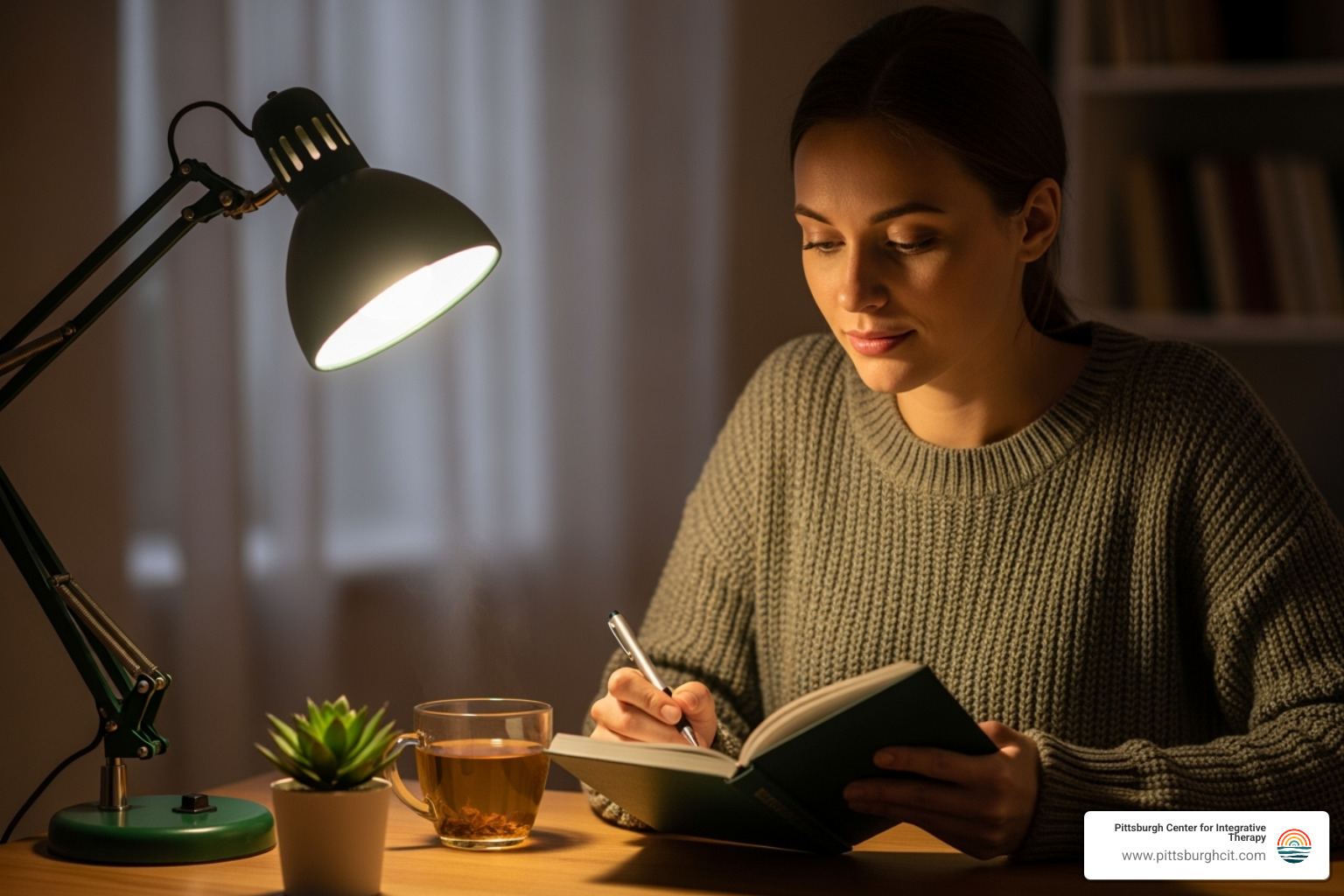 Person journaling or reflecting peacefully - individual psychotherapy