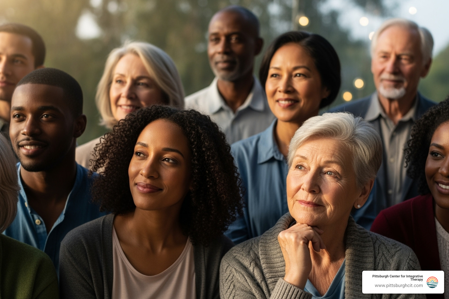 Diverse group of people looking thoughtful and content - individual psychotherapy