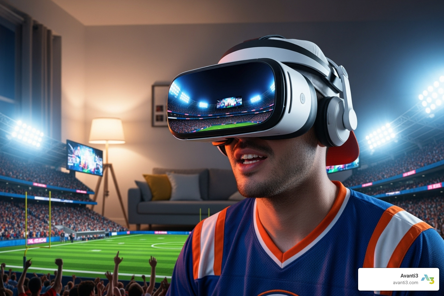 A fan using a VR headset to experience a virtual stadium - social media and sports marketing