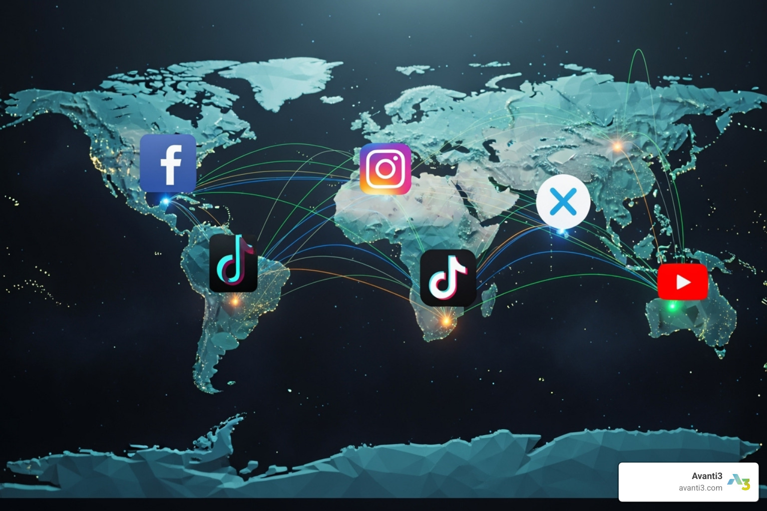 A world map with social media icons highlighting global fan connections - social media and sports marketing