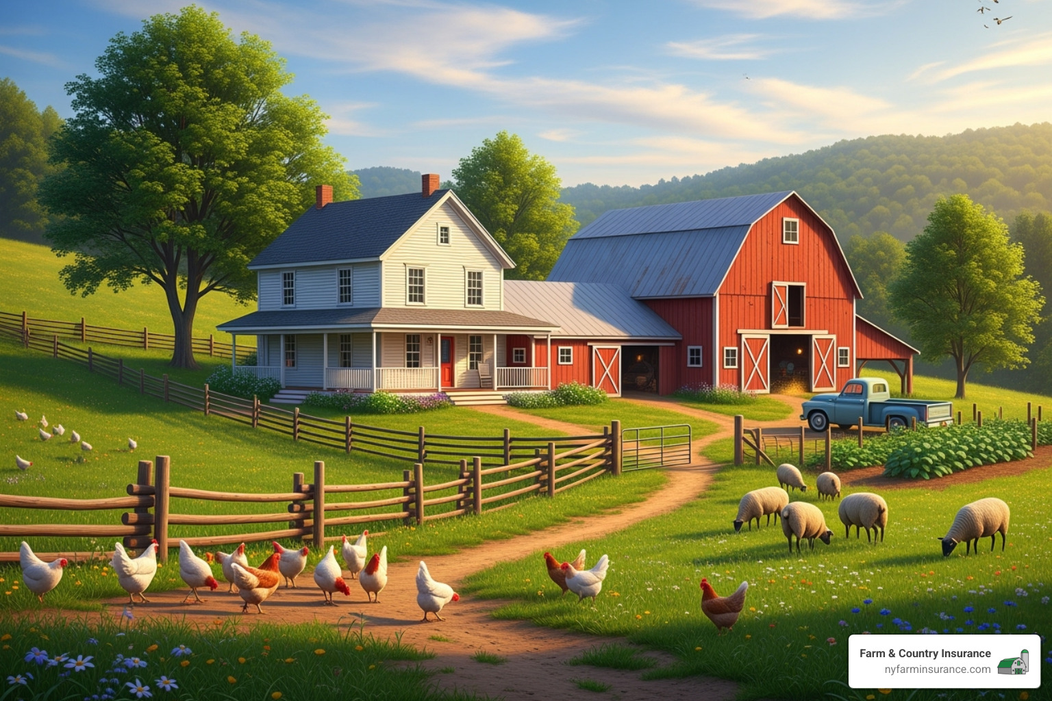 an idyllic small farm in New York, showing a house, a small barn, and a few animals - small farm insurance online quote an idyllic small farm in New York, showing a house, a small barn, and a few animals - small farm insurance online quote