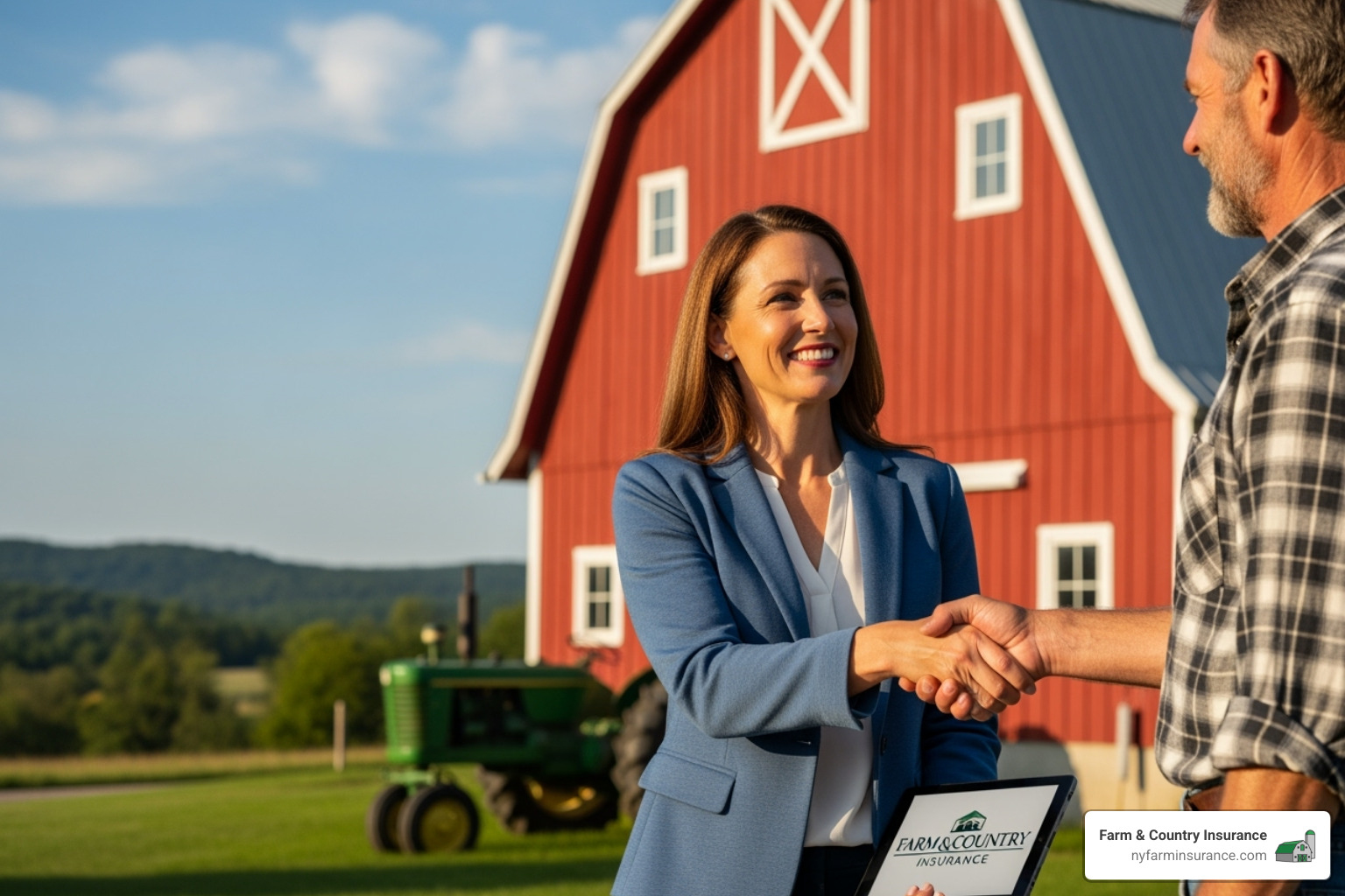 a friendly Farm & Country Insurance agent shaking hands with a farmer in front of a barn - small farm insurance online quote a friendly Farm & Country Insurance agent shaking hands with a farmer in front of a barn - small farm insurance online quote