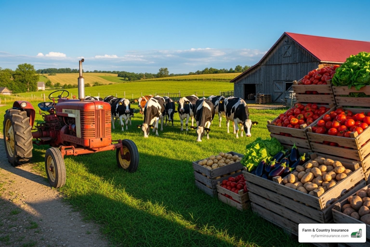 diverse farm assets, including a tractor, a small herd of dairy cows, and crates of fresh vegetables - small farm insurance online quote diverse farm assets, including a tractor, a small herd of dairy cows, and crates of fresh vegetables - small farm insurance online quote