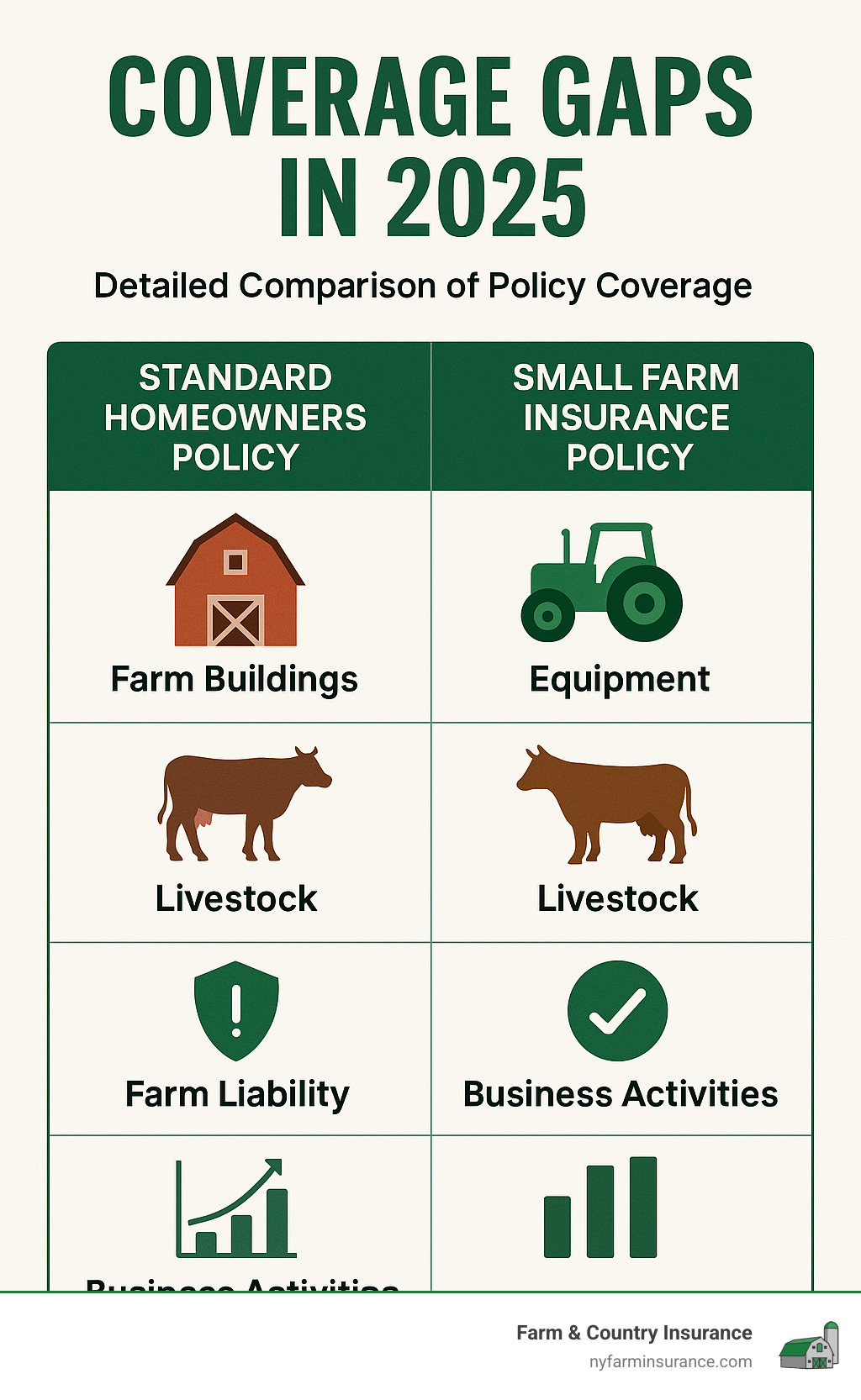 Detailed comparison infographic showing standard homeowners policy coverage versus small farm insurance policy coverage, highlighting gaps in protection for farm buildings, equipment, livestock, farm liability, and business activities - small farm insurance online quote infographic Detailed comparison infographic showing standard homeowners policy coverage versus small farm insurance policy coverage, highlighting gaps in protection for farm buildings, equipment, livestock, farm liability, and business activities - small farm insurance online quote infographic