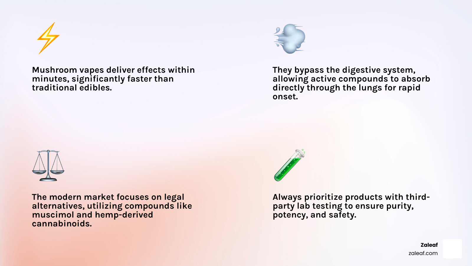 Comprehensive comparison infographic showing mushroom vapes versus THC vapes versus mushroom edibles, displaying onset time, duration of effects, intensity levels, and consumption methods with visual timelines and effect curves - best mushroom vape infographic 4_facts_emoji_light-gradient
