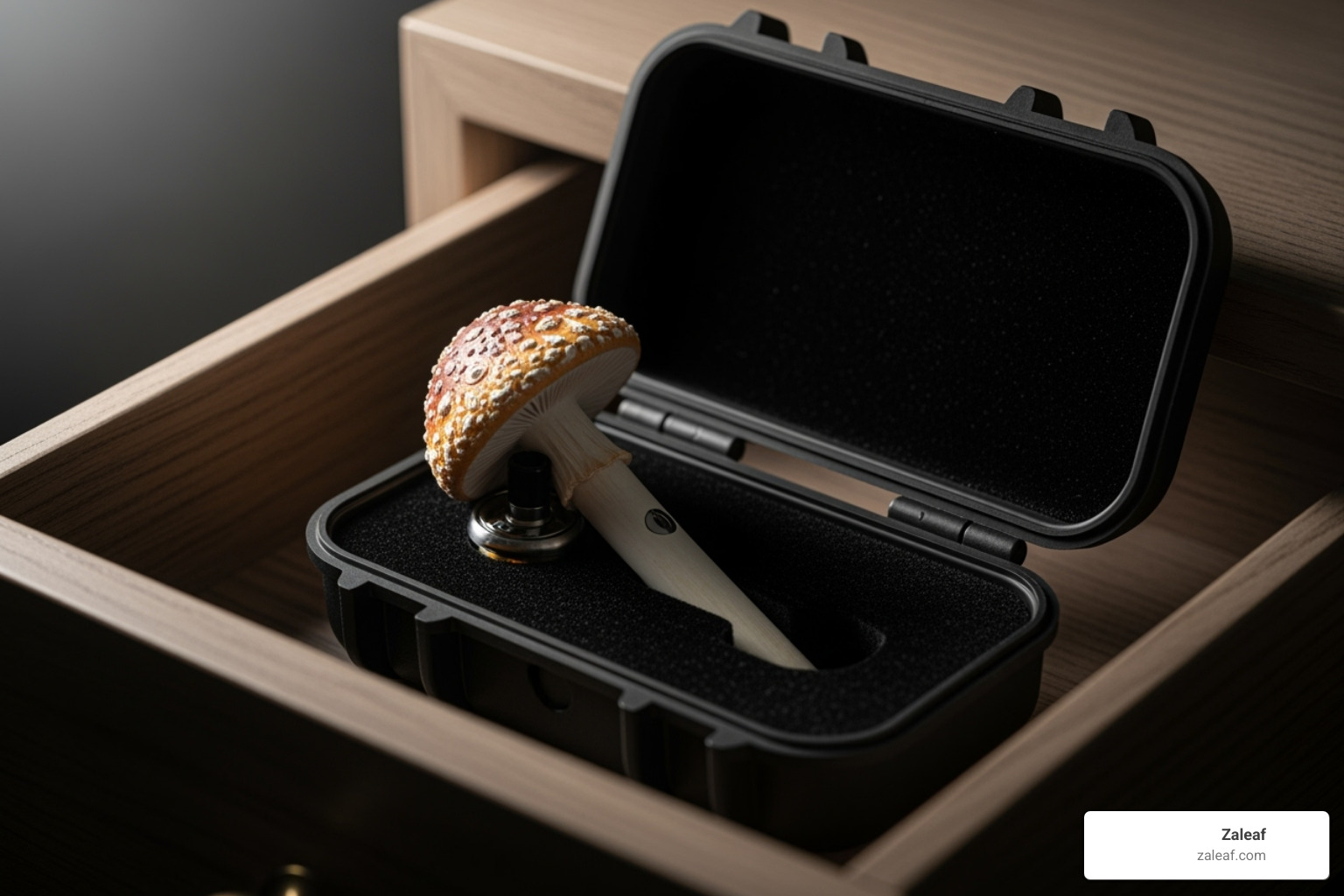 mushroom vape stored correctly in a protective case in a cool, dark drawer - best mushroom vape