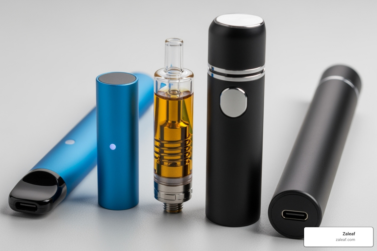 different Zaleaf mushroom vapes side-by-side: a disposable, a cartridge, and a reusable pen battery - best mushroom vape