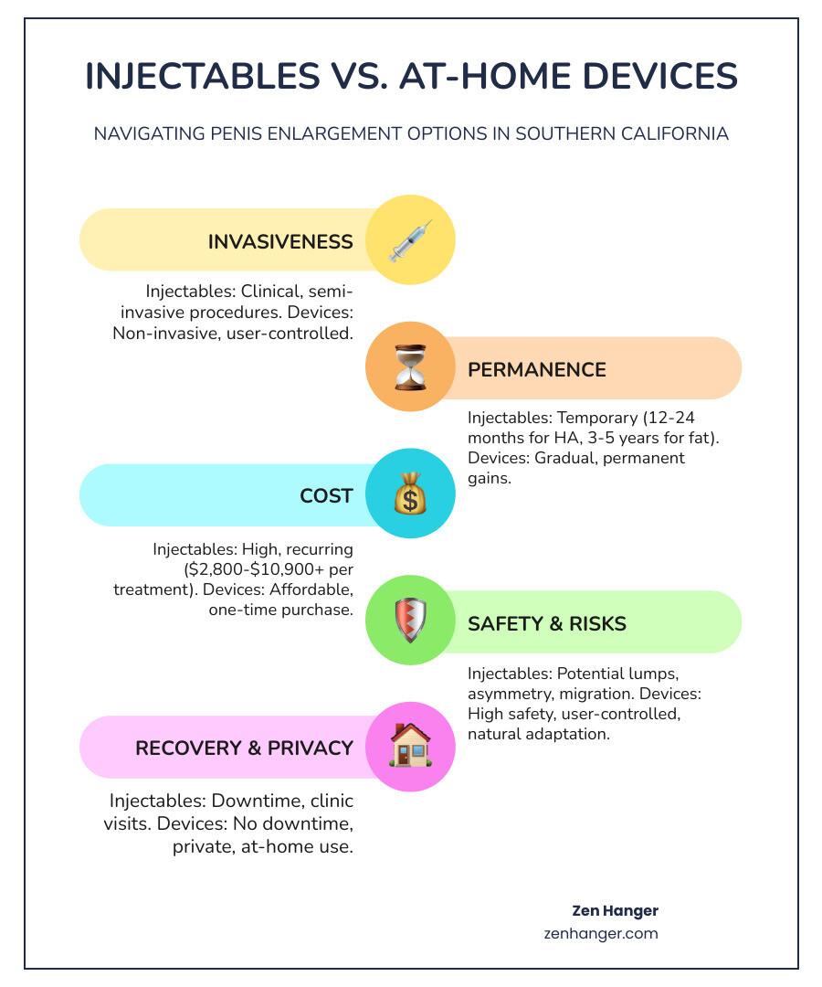 Comprehensive comparison infographic showing injectable penis enlargement methods versus device-based approaches, highlighting differences in invasiveness levels, permanence of results, associated costs, recovery time requirements, and safety profiles for Southern California patients - penis enlargement Southern California infographic infographic-line-5-steps-colors