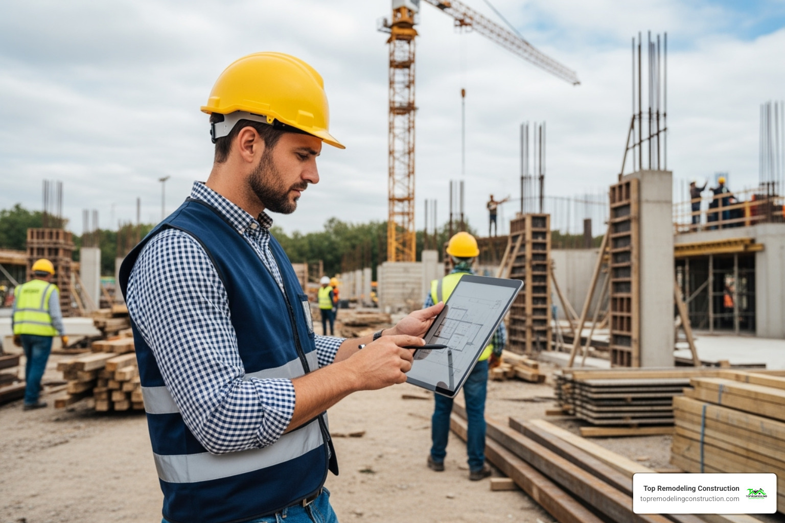a project manager reviewing blueprints on a tablet at a construction site - commercial construction builders a project manager reviewing blueprints on a tablet at a construction site - commercial construction builders