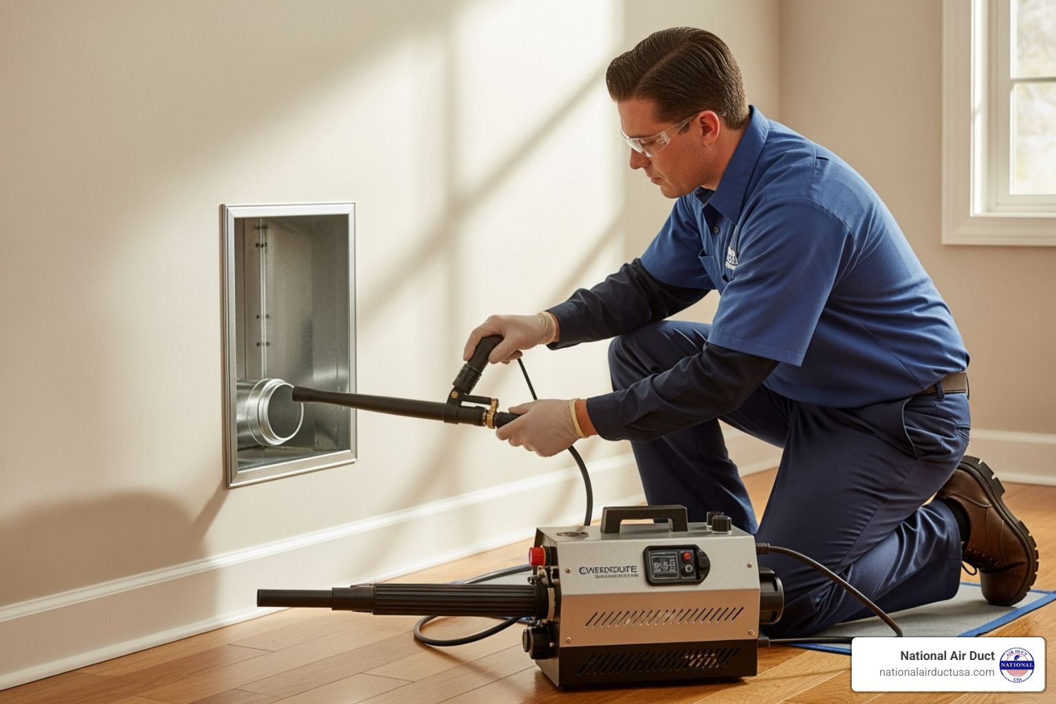 A technician preparing a fogging machine for air duct application - air duct disinfectant