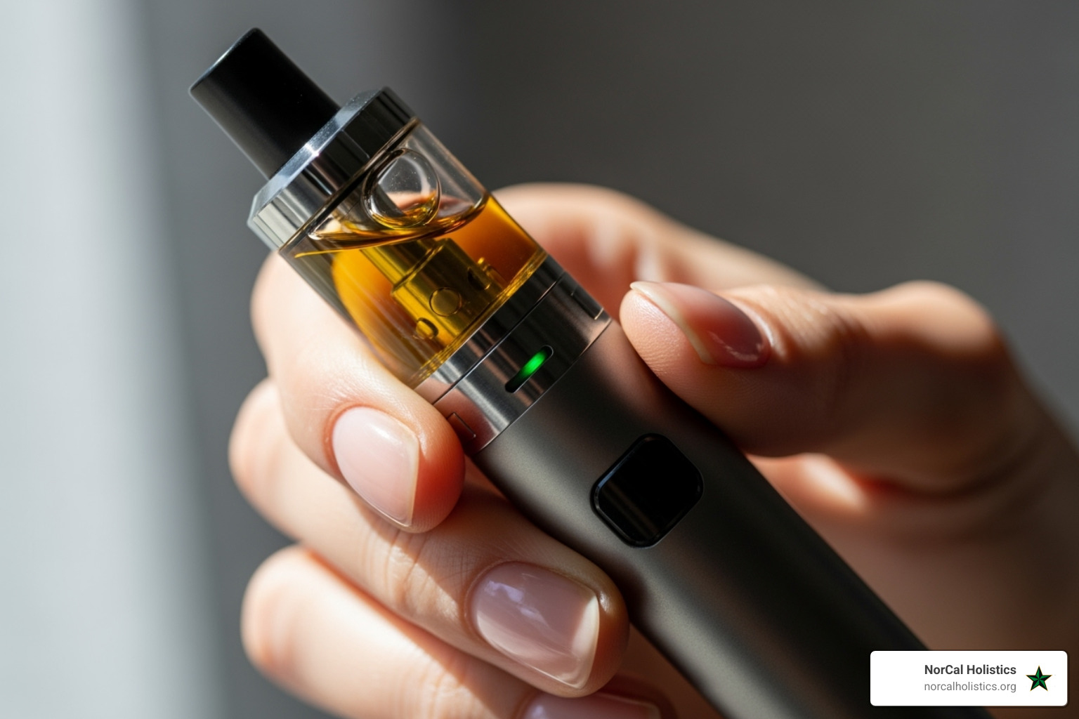 Person holding a vape pen with a Cold Fire cart attached - cold fire carts near me