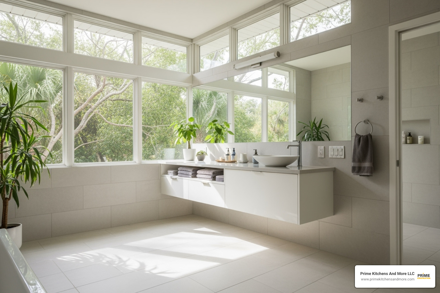 A bright, airy Orlando bathroom with large windows, light-colored tiles, and a floating vanity, emphasizing natural light - orlando bathroom renovation