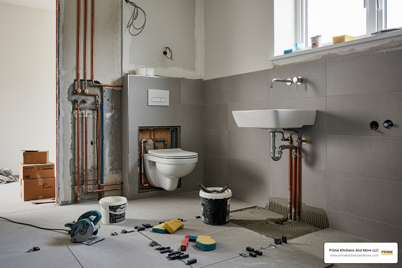 A modern bathroom mid-renovation, with new plumbing visible and tiling in progress - orlando bathroom renovation