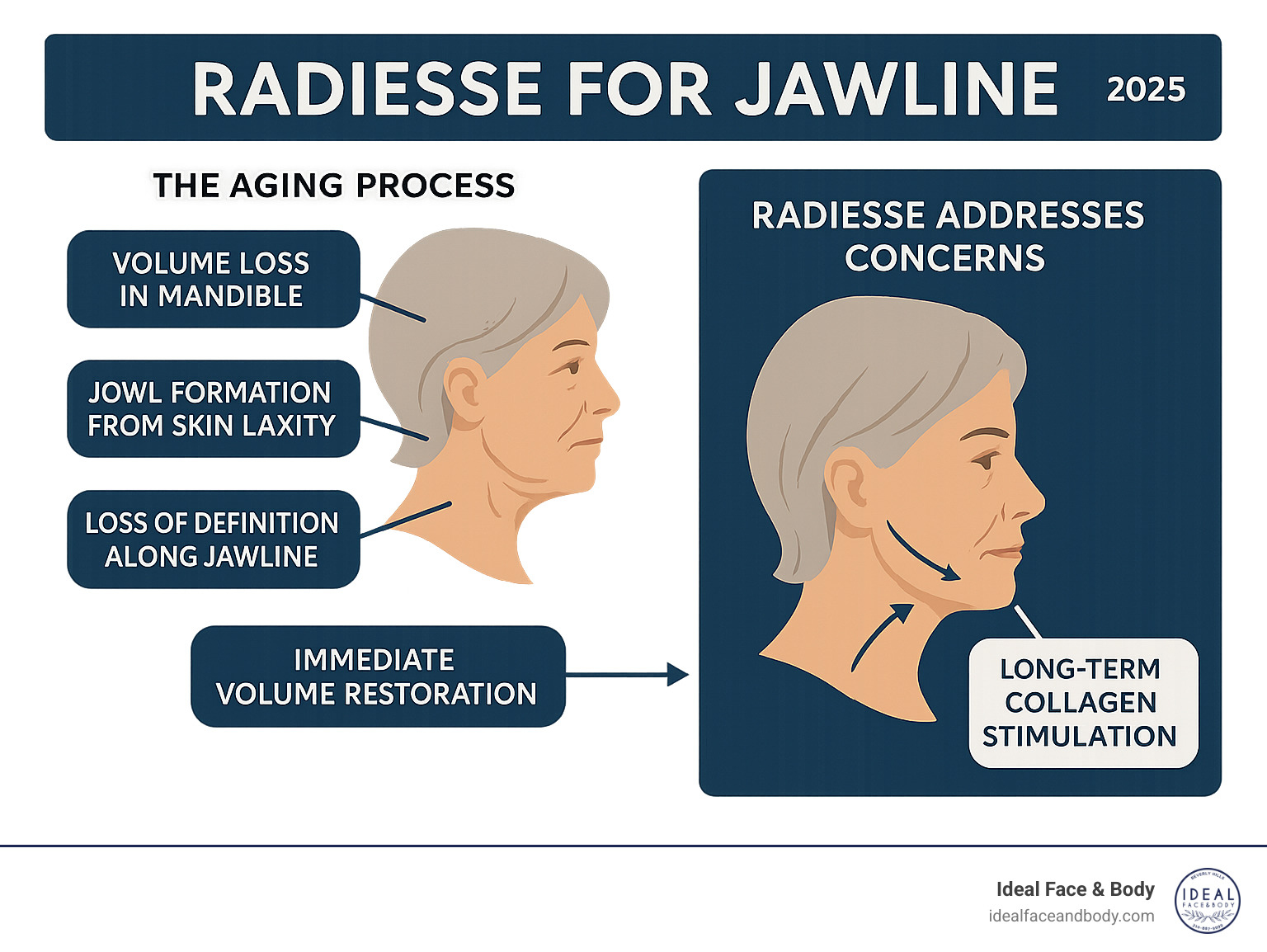Infographic showing the aging process of the jawline, including volume loss in the mandible area, jowl formation from skin laxity, loss of definition along the jawline, and how Radiesse addresses these concerns through immediate volume restoration and long-term collagen stimulation - radiesse jawline infographic 