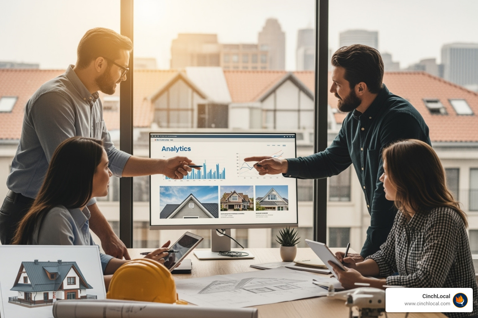 digital dashboard showing performance metrics for SEO, PPC, and Social Media - marketing agency for roofers