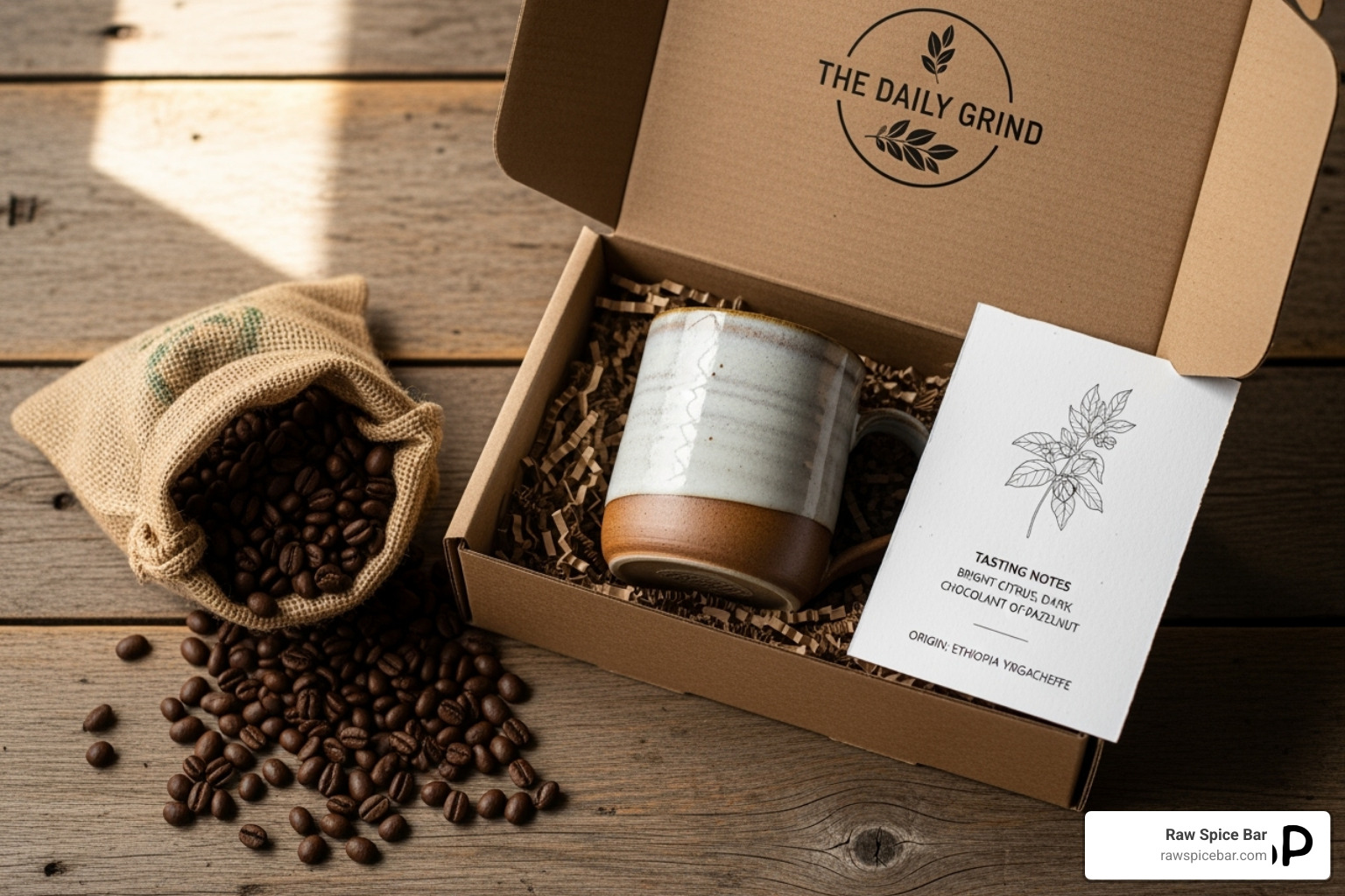 A coffee subscription box with beans, a mug, and tasting notes - cooking gift subscription