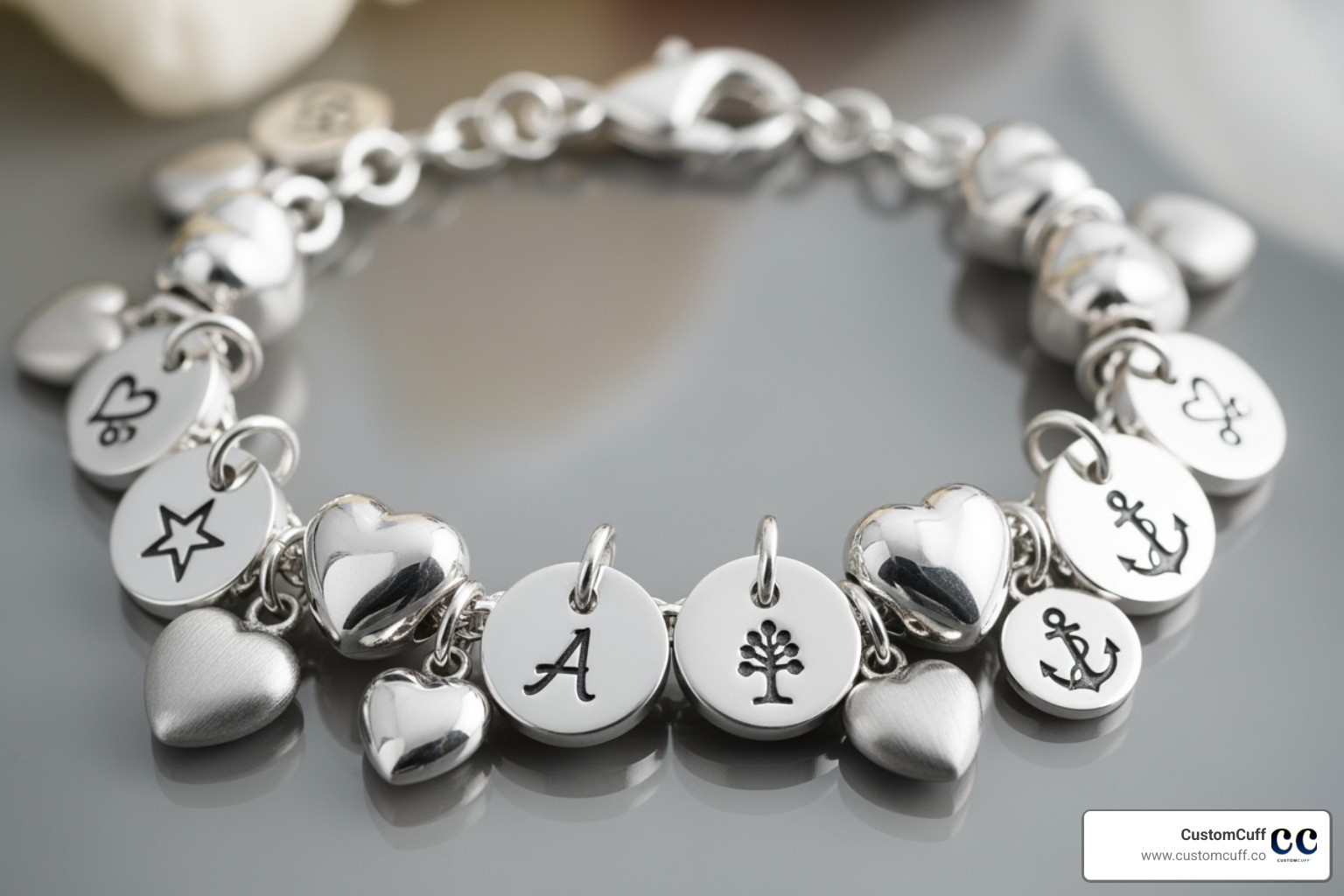 silver charm bracelet with small, engraved disc and heart charms - engraved silver bracelet for her silver charm bracelet with small, engraved disc and heart charms - engraved silver bracelet for her
