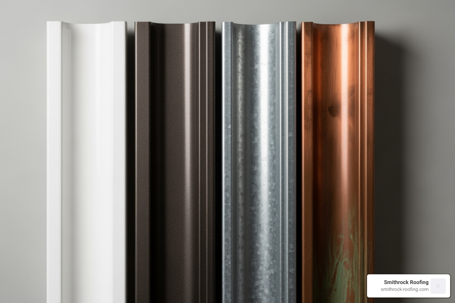 samples of vinyl, aluminum, steel, and copper gutters side-by-side - cost to add gutters to a house