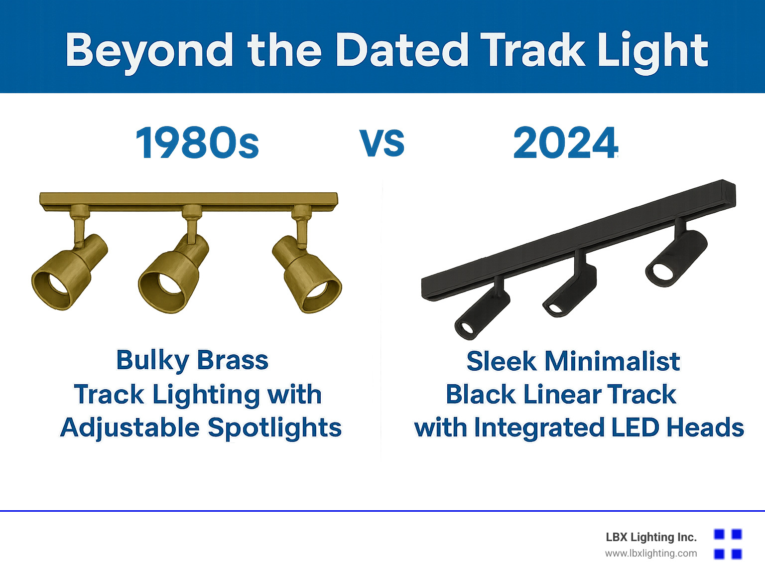 Infographic comparing 1980s bulky brass track lighting with adjustable spotlights versus sleek 2024 minimalist black linear track systems with integrated LED heads and clean geometric lines - modern kitchen track lighting infographic 