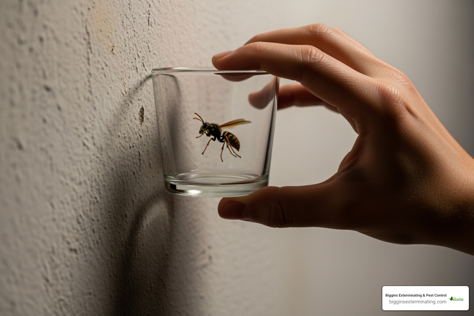person carefully trapping a wasp under a glass against a wall - best way to get rid of wasps in house