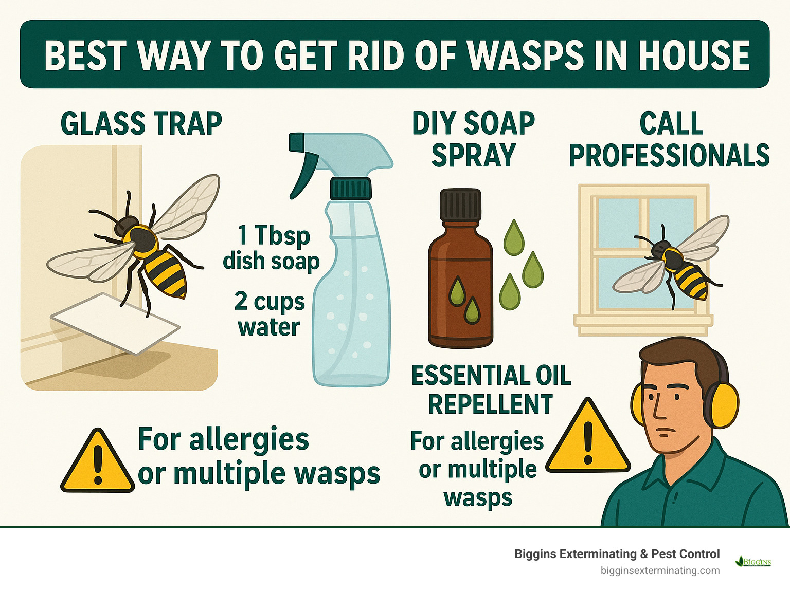 Infographic showing step-by-step wasp removal methods including non-lethal glass trap technique, DIY soap spray recipe with measurements, essential oil repellent application areas, and when to call professionals with safety warnings for allergic individuals - best way to get rid of wasps in house infographic 
