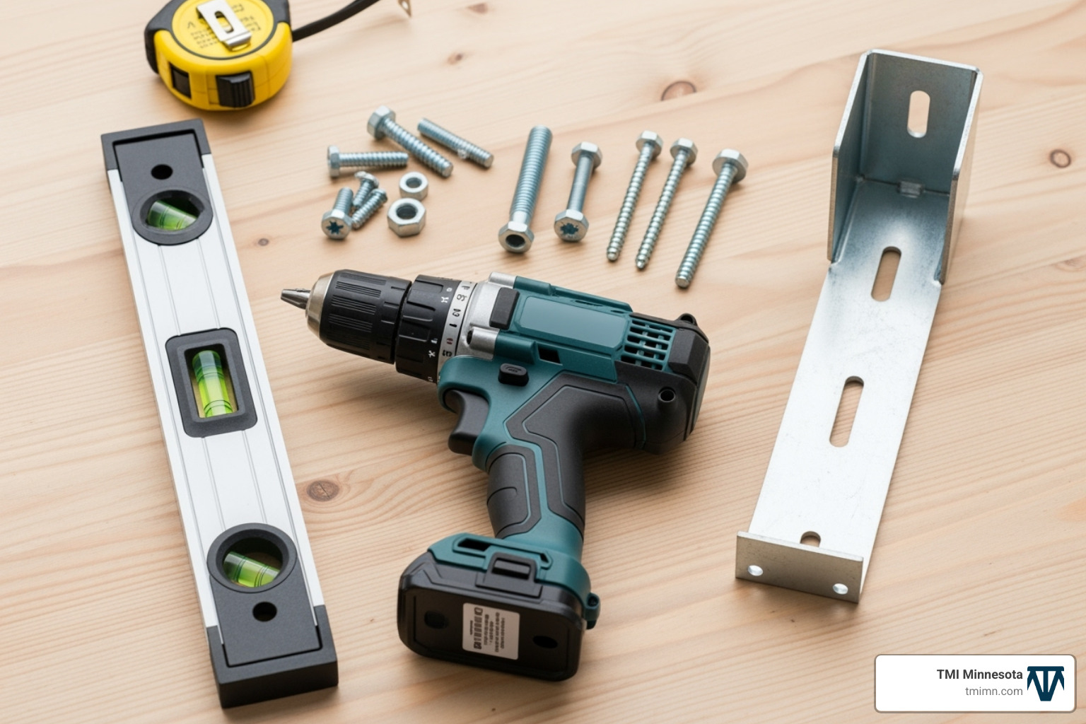 tools and hardware laid out for installation (drill, level, bolts, mounting bracket) - patio umbrella wall mount
