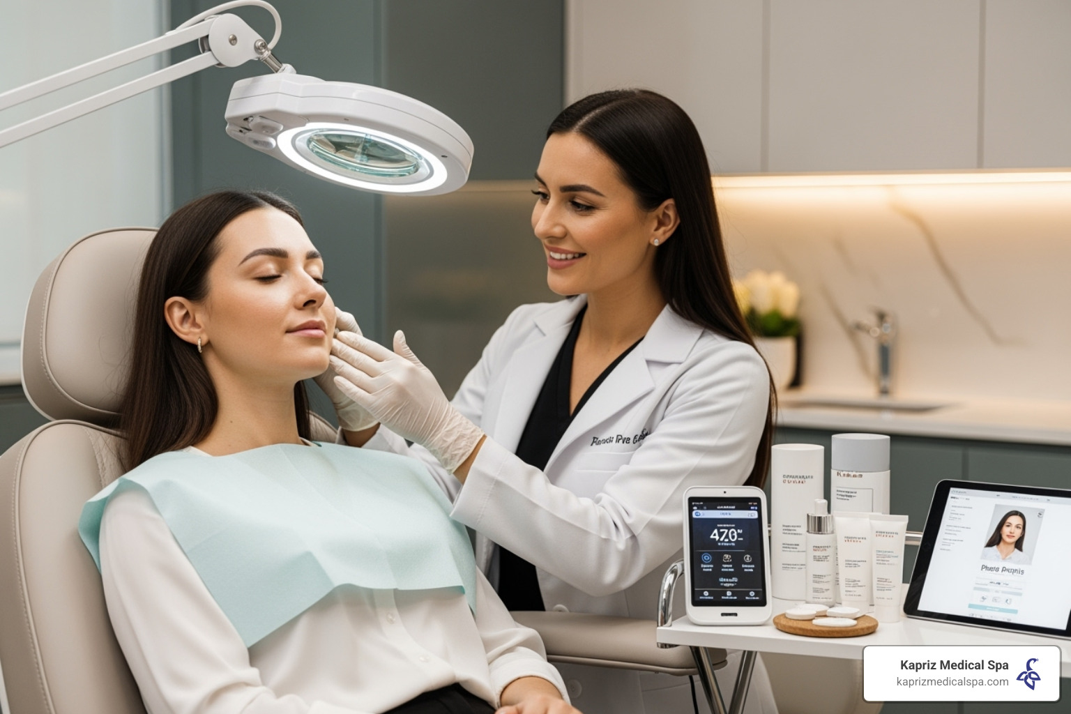 skincare professional analyzing a client's skin - VI peel jacksonville fl