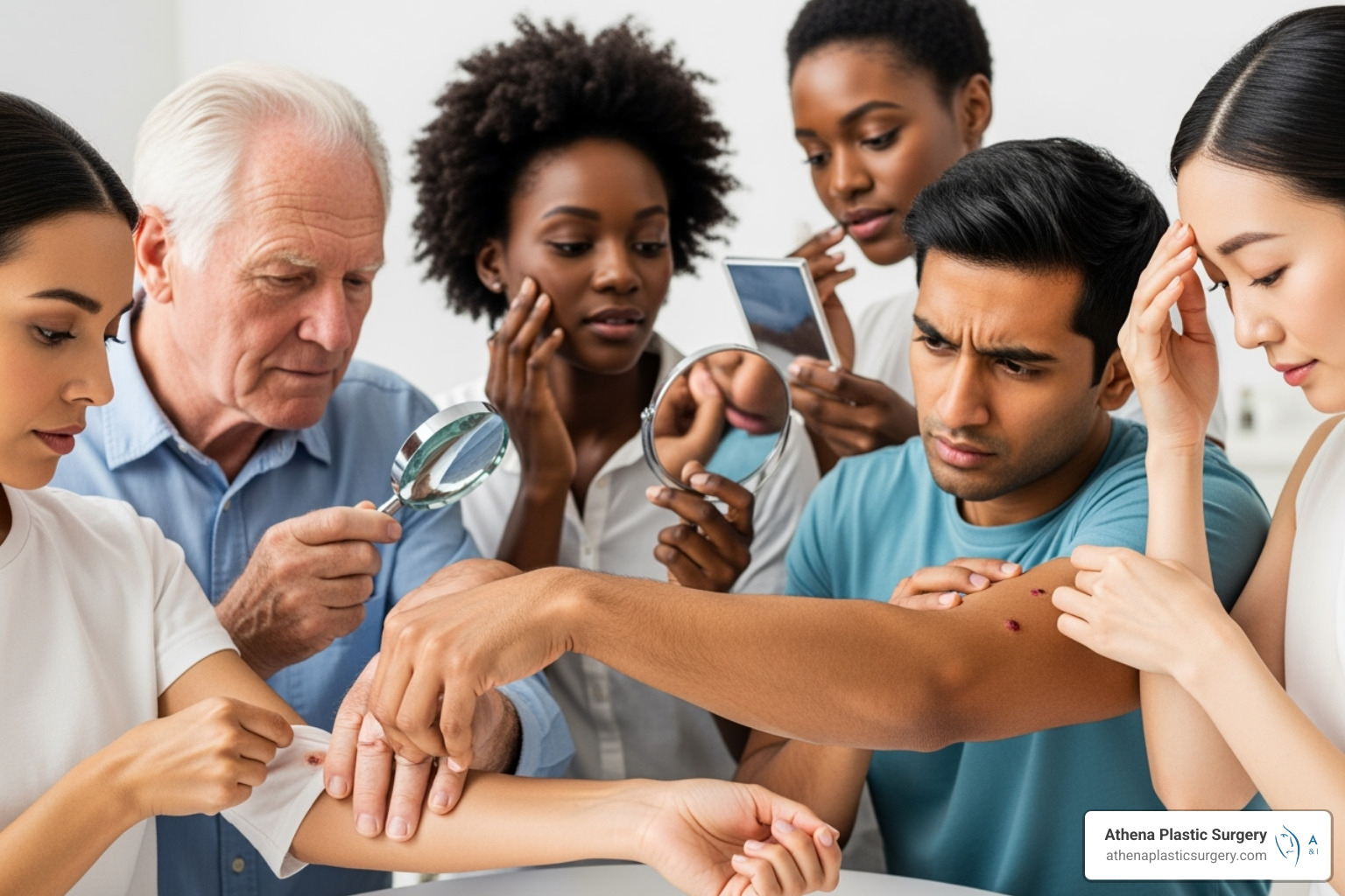 diverse group of people examining their skin - skin scar removal surgery diverse group of people examining their skin - skin scar removal surgery