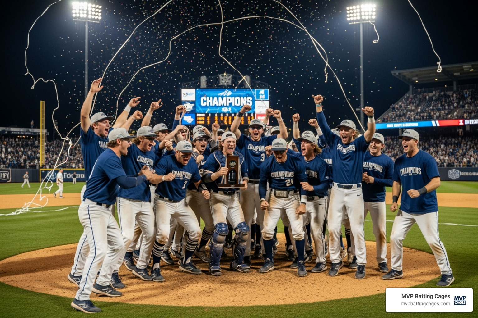 A team celebrating a college championship win, showing the culmination of dedicated training - advanced baseball training