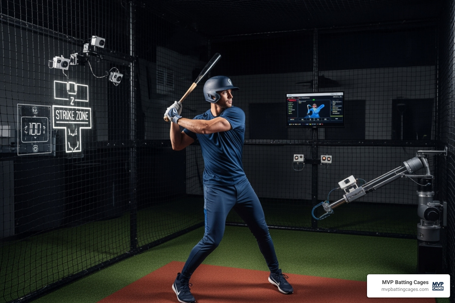 A batter in a HitTrax simulator cage, with data projected on the screen - advanced baseball training