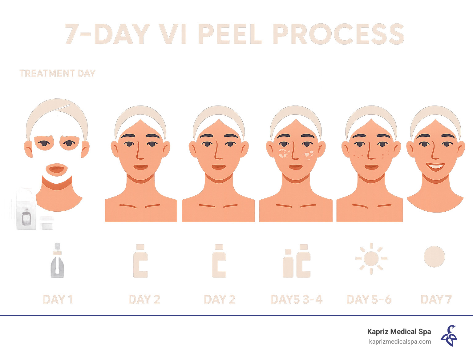 Infographic showing the 7-day VI Peel process timeline from treatment day through peeling phase to fully revealed new radiant skin, including daily care instructions and expected visual changes - VI peel jacksonville fl infographic 