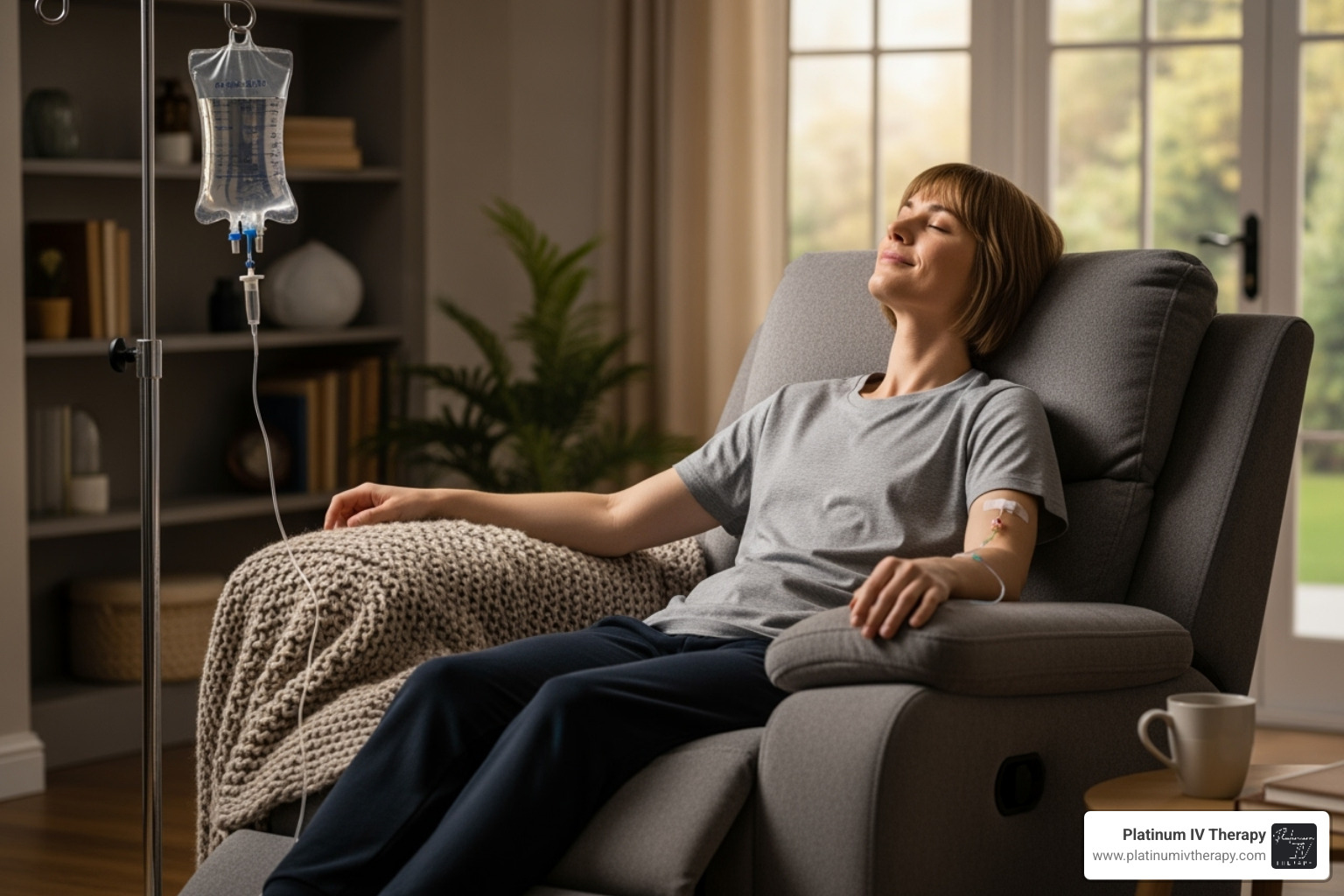 Image of a client relaxing in a chair during a mobile IV therapy session - NAD+ IV benefits
