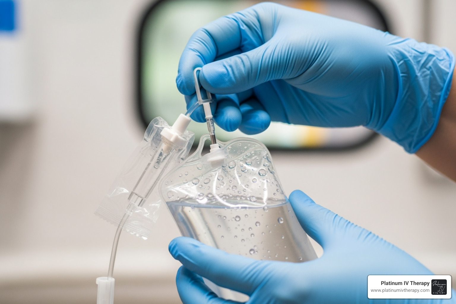 Licensed medical professional (paramedic) preparing an IV bag with gloves on - immune boost IV