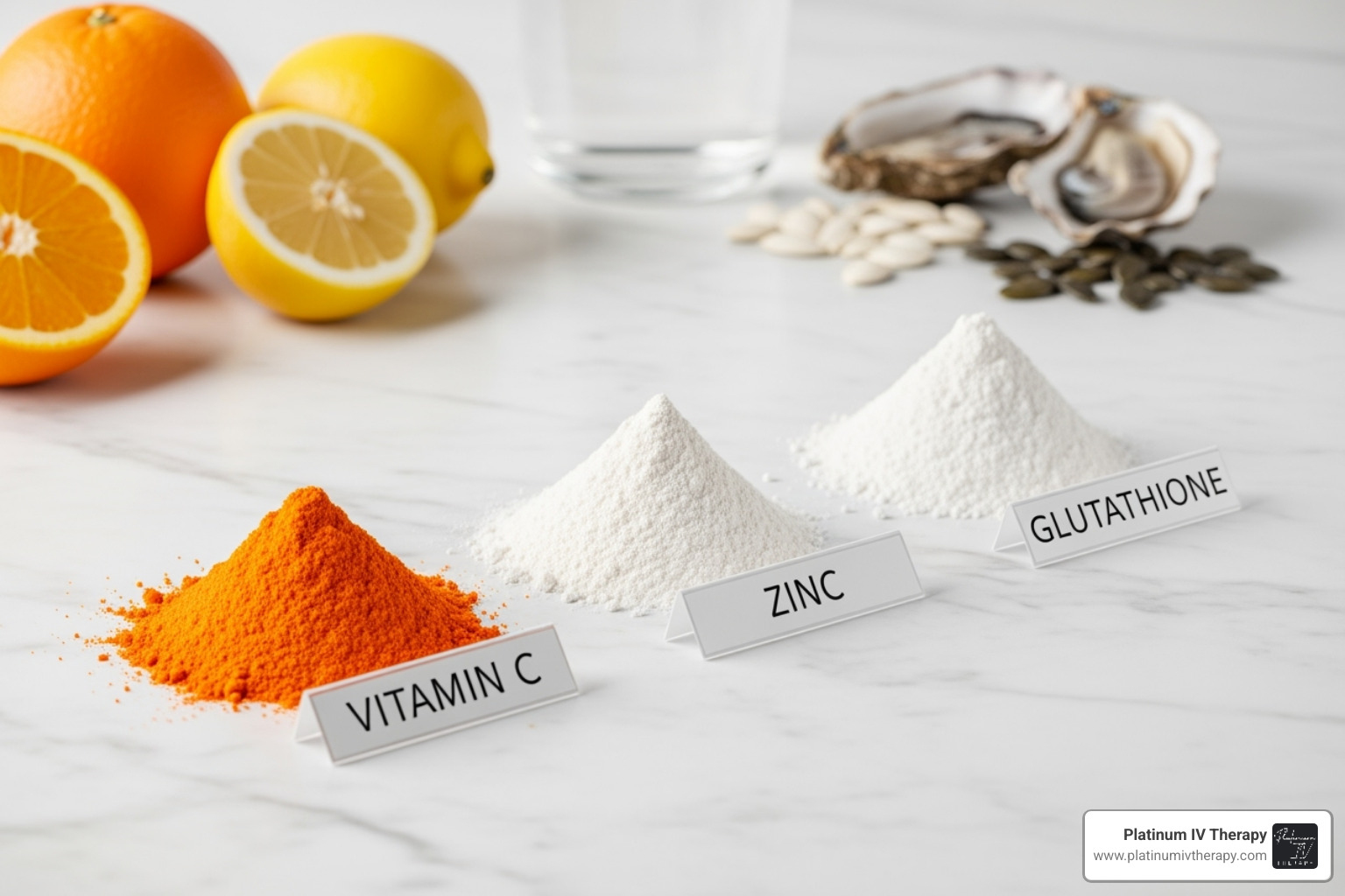 Key vitamins and minerals like Vitamin C, Zinc, and Glutathione arranged neatly - immune boost IV