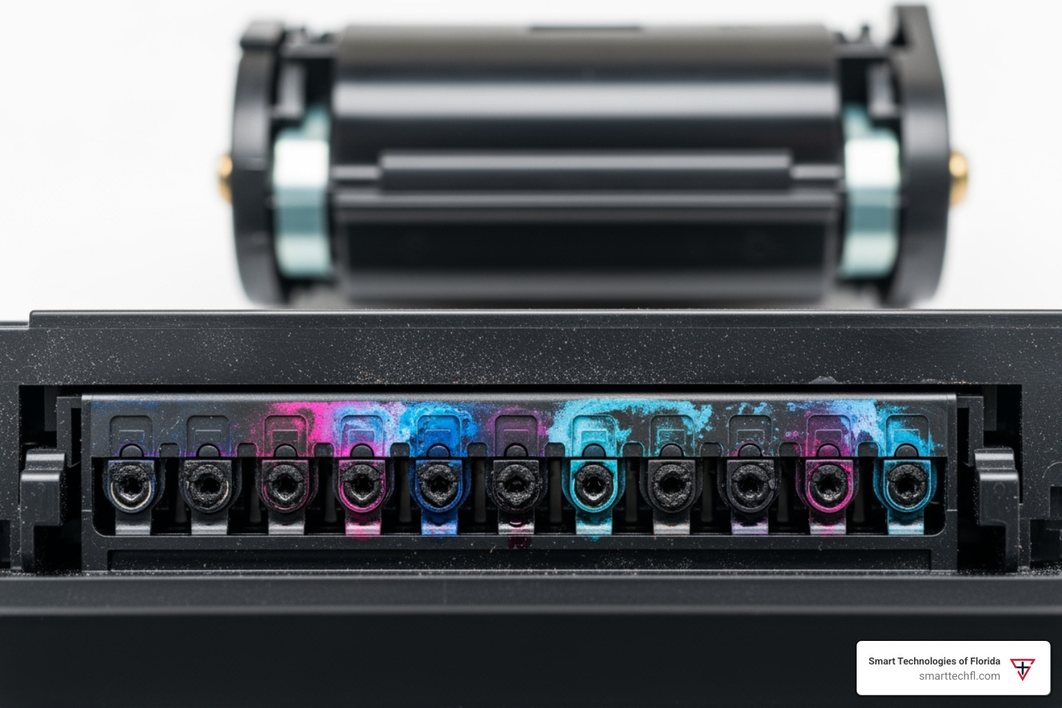 a clogged inkjet printhead next to a clean toner cartridge - are laser printers cheaper than ink refills