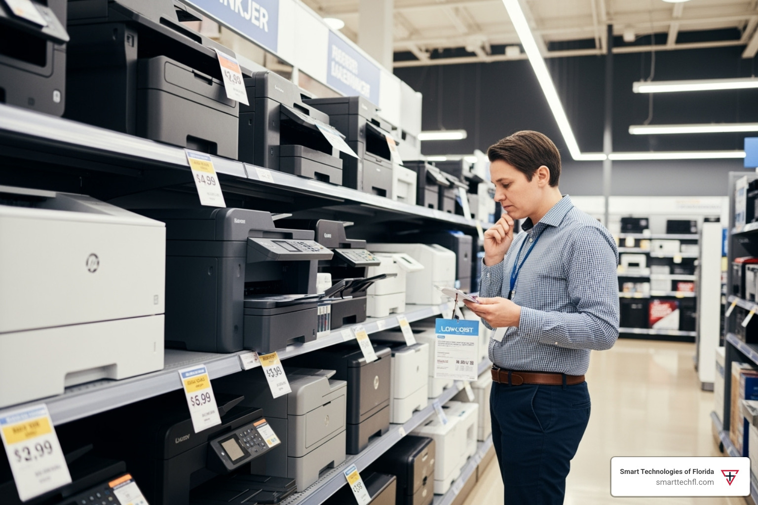a person looking at an inexpensive inkjet printer on a store shelf - are laser printers cheaper than ink refills