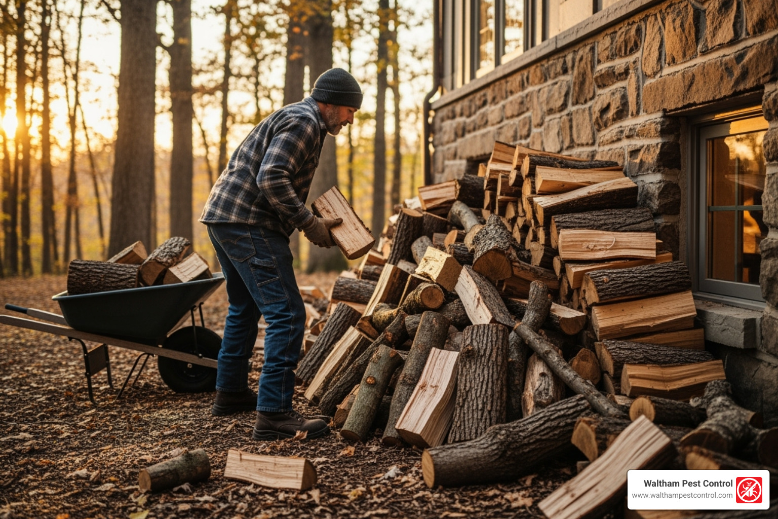 homeowner clearing firewood away from house foundation - best pest control for termites near me