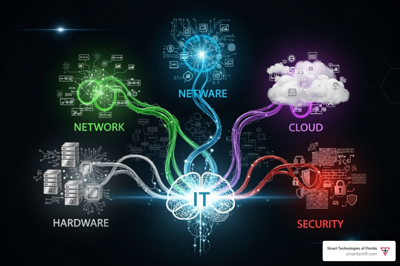 A diagram showing the core IT areas: Hardware, Software, Network, Cloud, Security - computer technology upgrades for small business