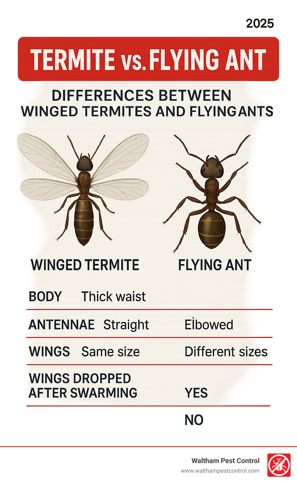 Infographic showing the key differences between winged termites and flying ants, including body segments, antennae shape, wing size, and wing-dropping behavior after swarming - best pest control for termites near me infographic 