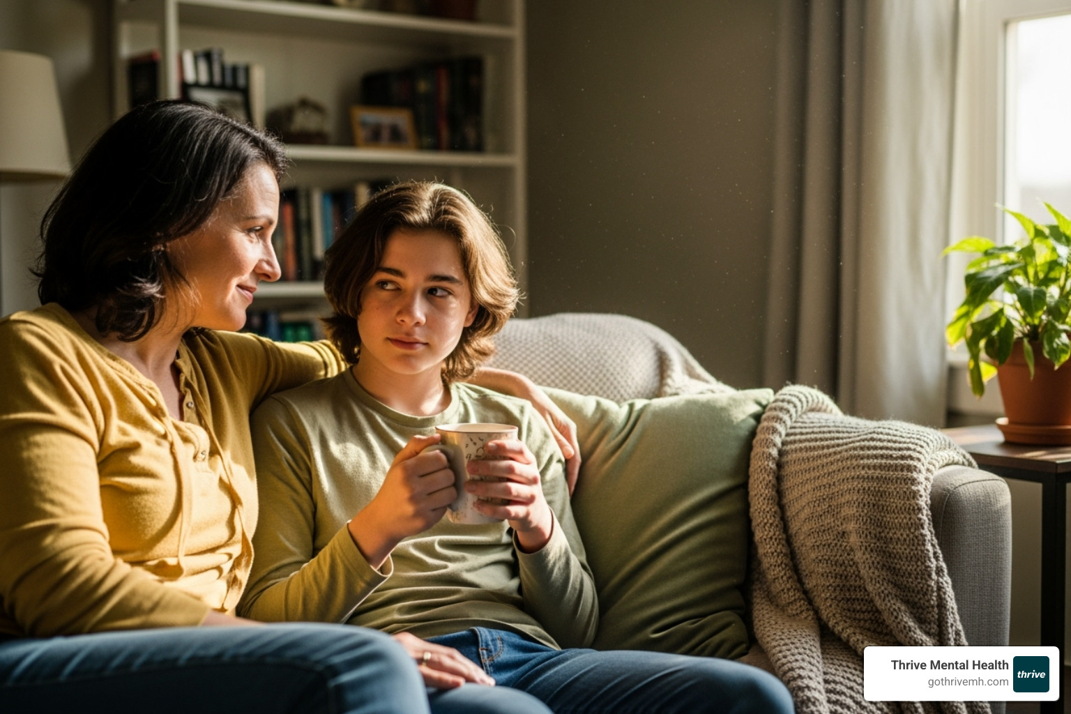 parent and teen talking calmly on a sofa - group therapy for teens