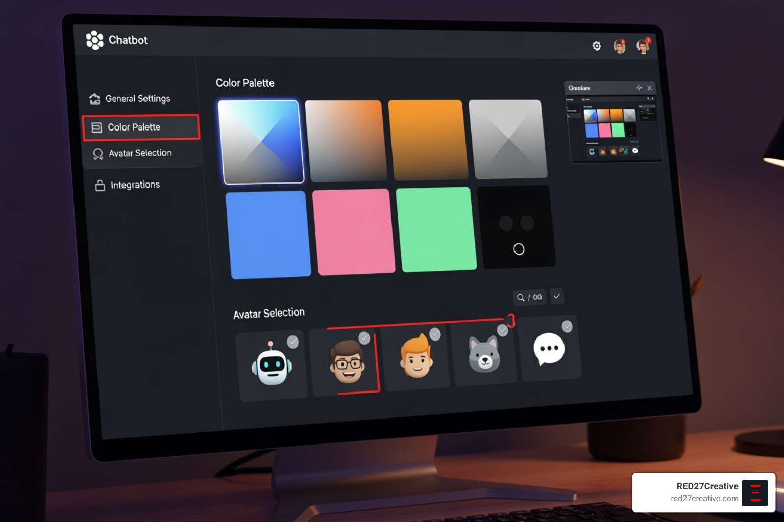 chatbot customization interface with color palettes and avatars - Custom AI chatbot solutions chatbot customization interface with color palettes and avatars - Custom AI chatbot solutions