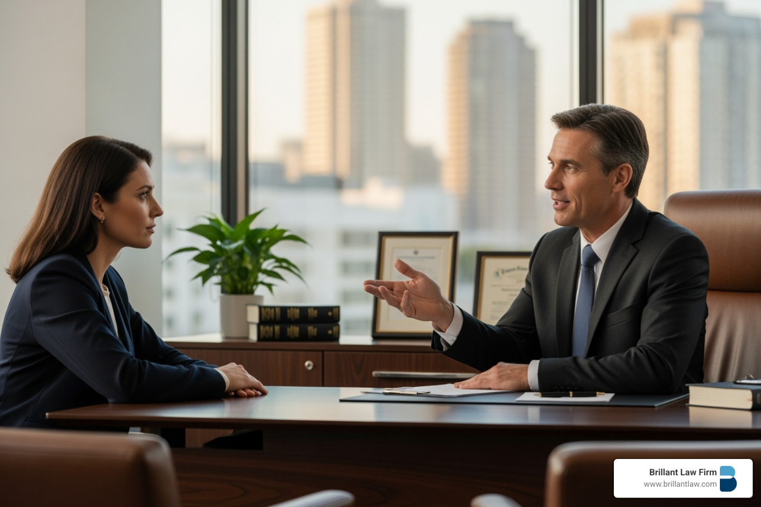 A tax litigation attorney confidently speaking with a client in a professional office setting.