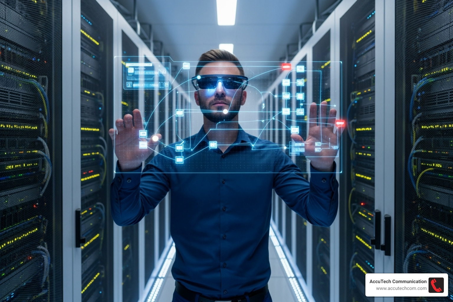 Technician working with futuristic augmented reality glasses to view a network layout - data cabling technician Technician working with futuristic augmented reality glasses to view a network layout - data cabling technician