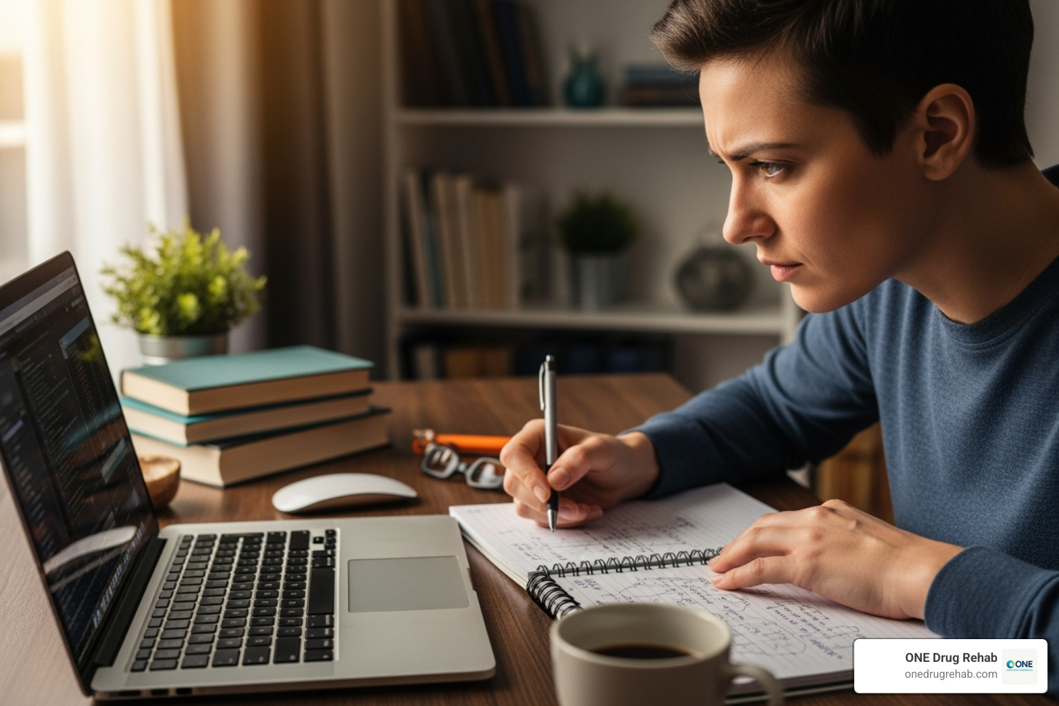 of a person researching on a laptop with a notepad, looking determined - outpatient rehab programs of a person researching on a laptop with a notepad, looking determined - outpatient rehab programs
