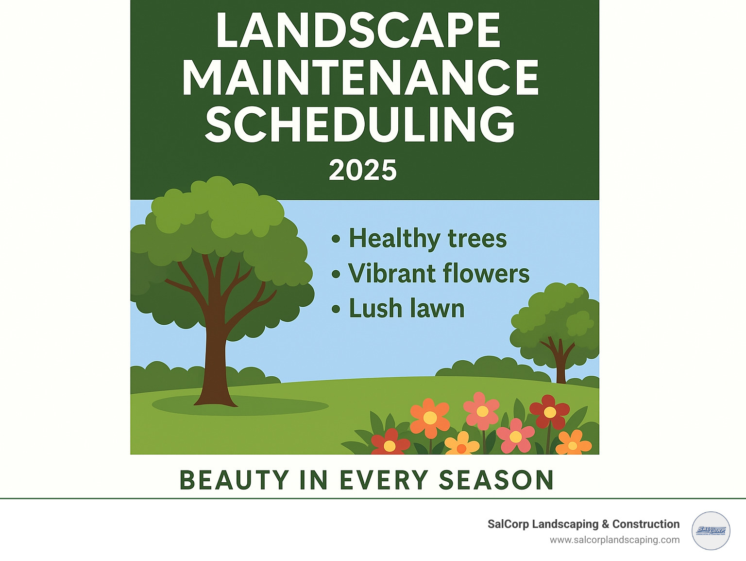 Infographic showing a harmonized landscape with elements like healthy trees, vibrant flowers, and a lush lawn, illustrating the outcome of consistent and well-planned landscape maintenance, with a tagline "Beauty in Every Season" - Landscape Maintenance Scheduling infographic 