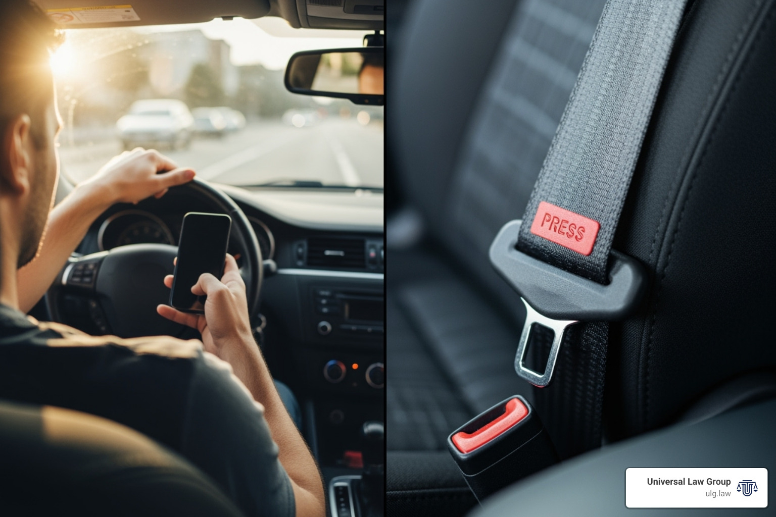 Split-screen showing a distracted driver on one side and a buckled seatbelt on the other - Fatal crash statistics