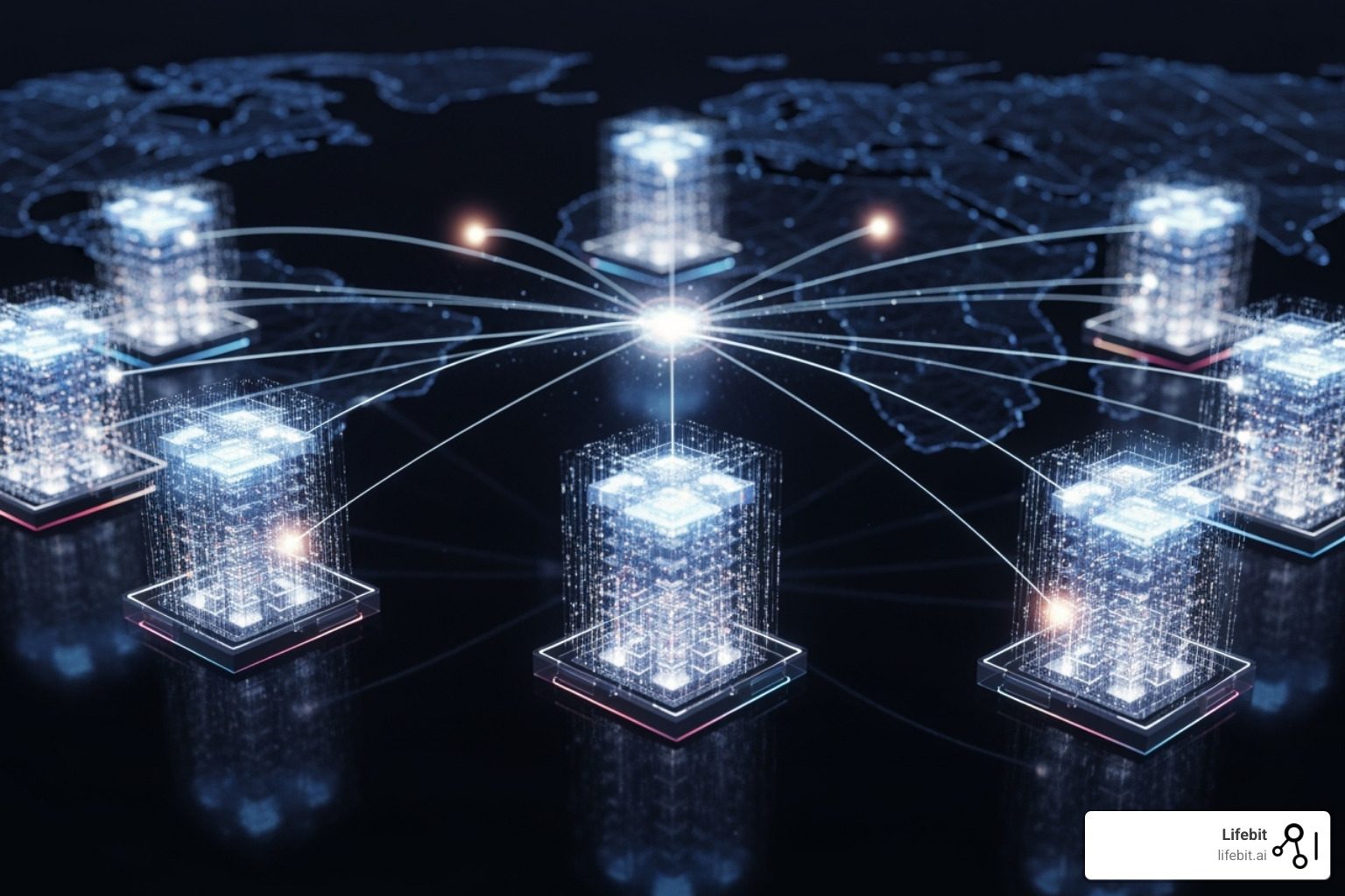 Image illustrating the concept of federated learning across multiple TREs without data movement - What is a Trusted Research Environment?